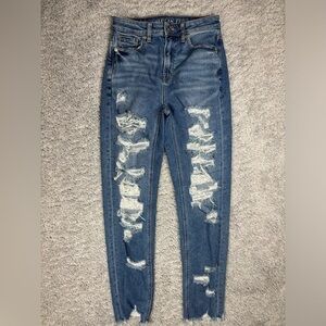 American Eagle Jeans Womens 0 Mom Jean Stretch Classic Distressed Raw Hem Holes